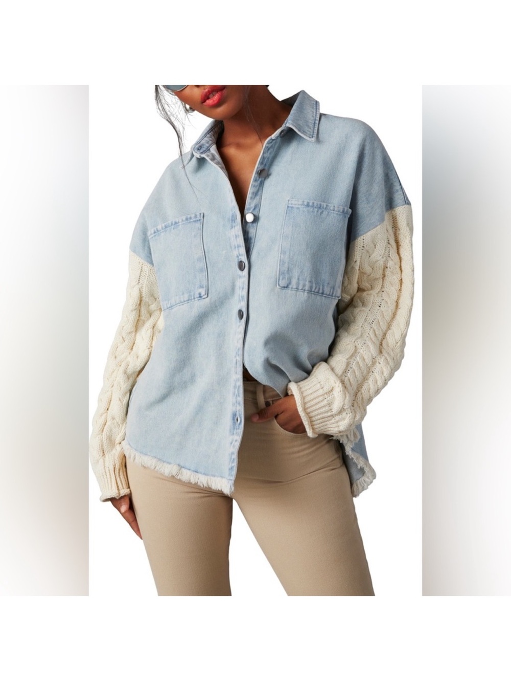 Ligh Wash Denim Shirt Jacket with Cream Cable Knit Sleeves